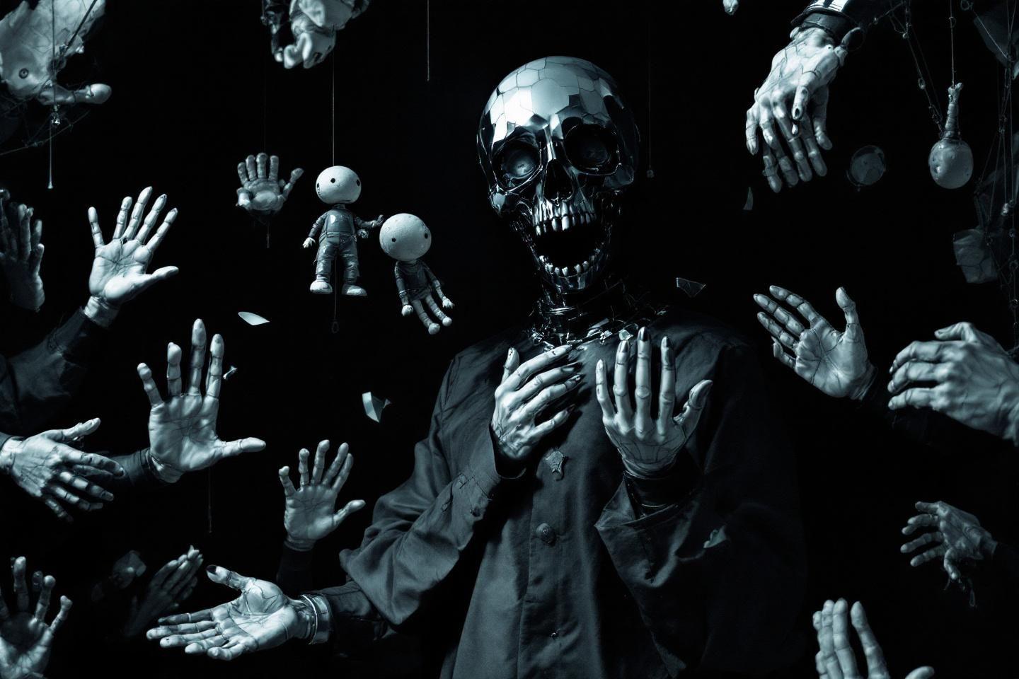 Crâne métallique parmi des mains robotiques sur fond sombre