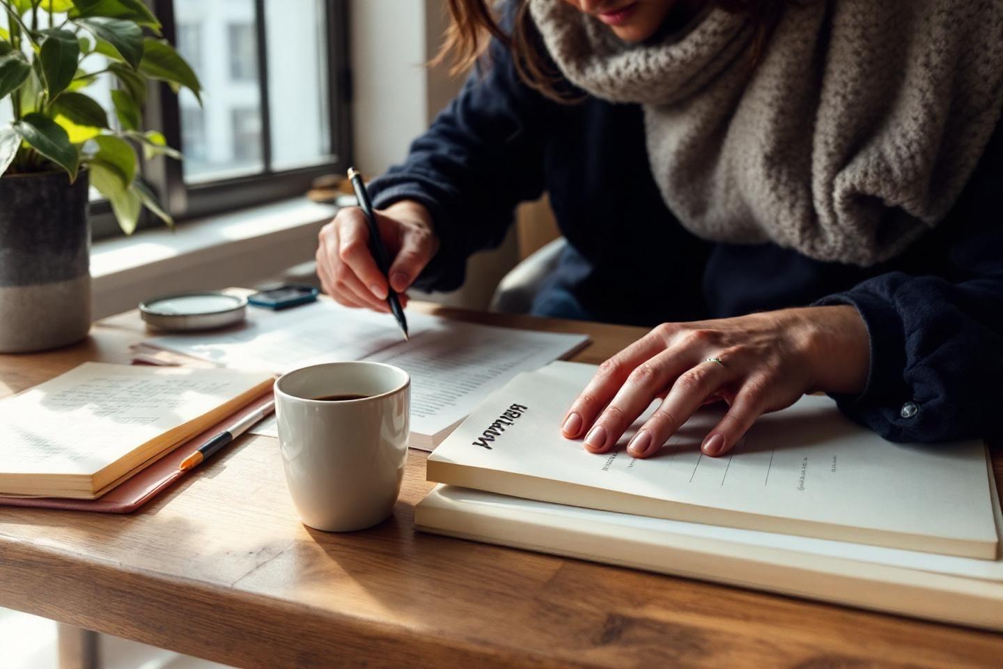 Main écrivant près d'une tasse de café et de livres