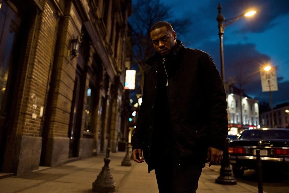 Silhouette sombre marchant sur un trottoir nocturne