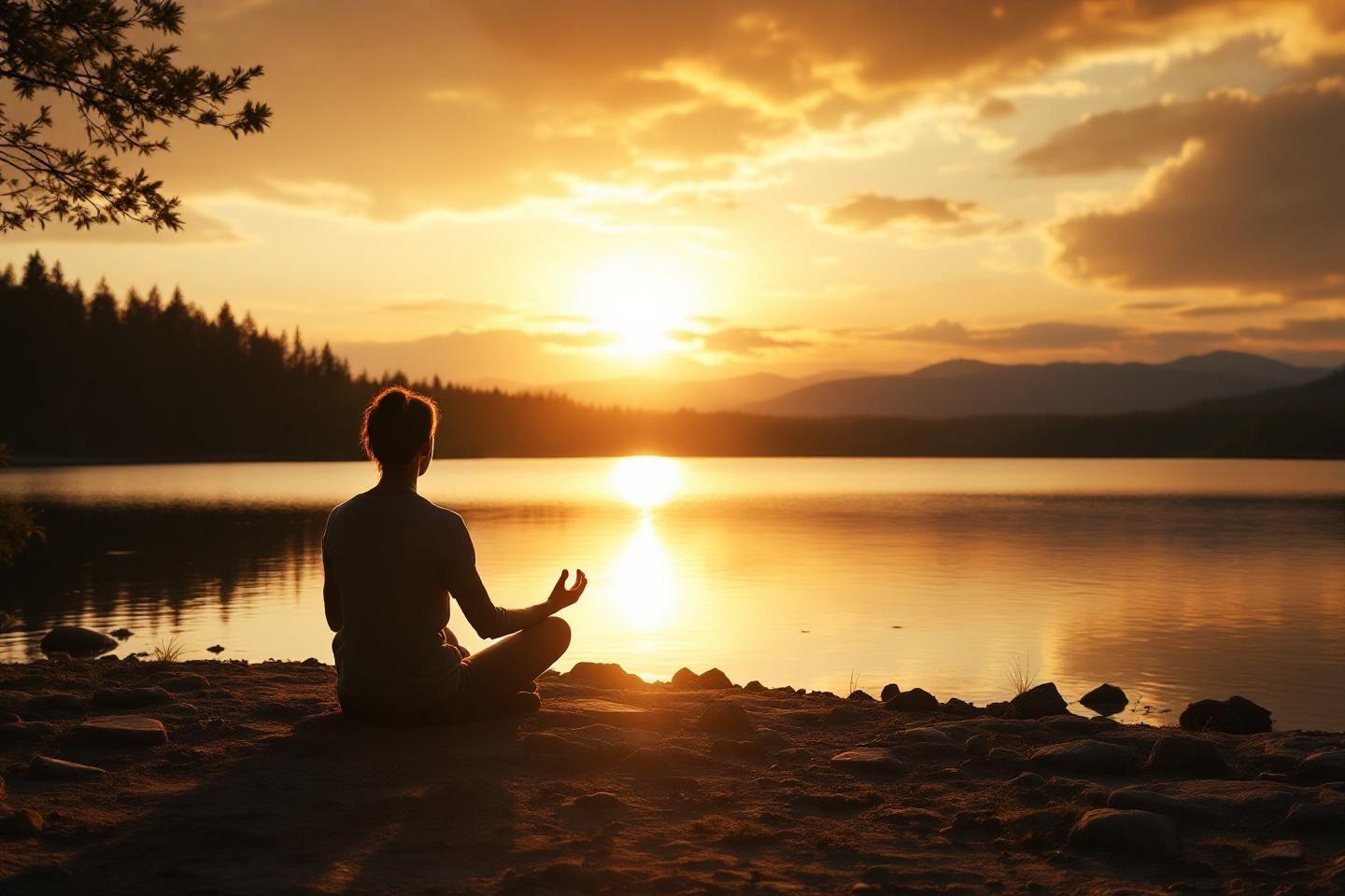 Silhouette méditant près d'un lac paisible au crépuscule