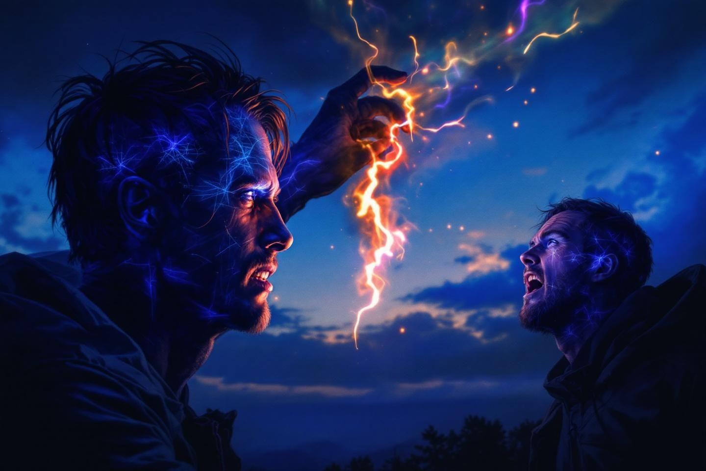 Deux personnages face à face avec éclair lumineux les séparant