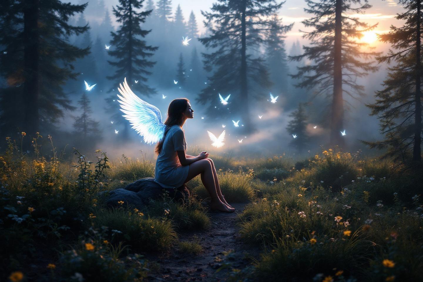 Silhouette assise dans une forêt brumeuse avec des papillons lumineux