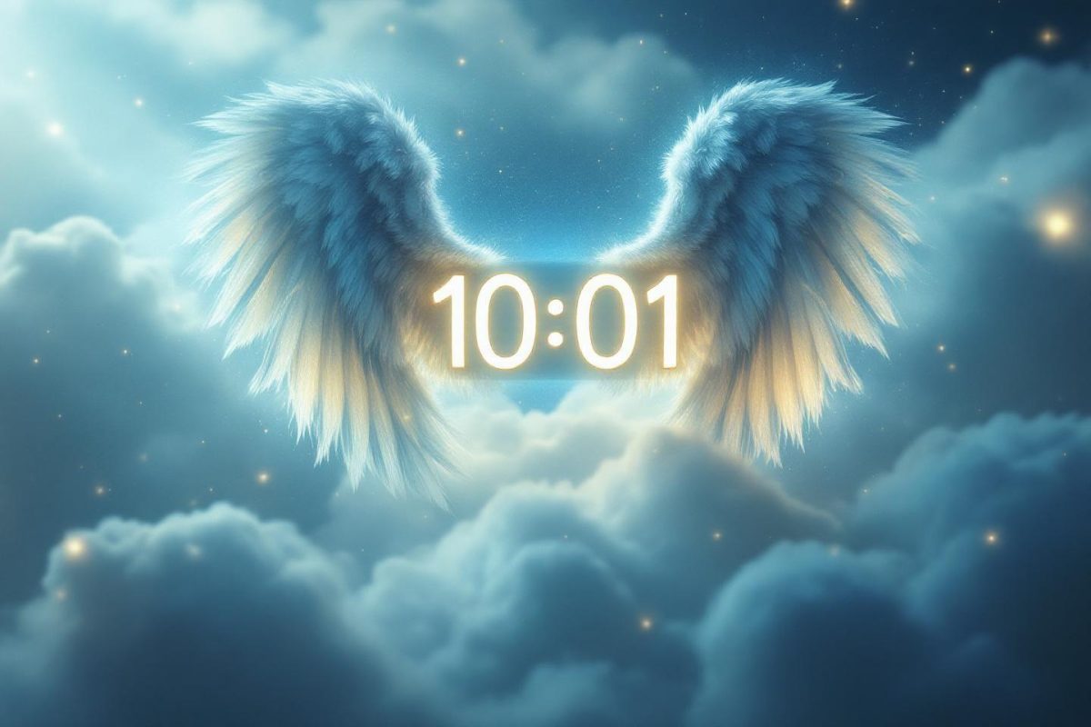 Ailes lumineuses d'ange entourant un chiffre d'horloge dans un ciel nuageux