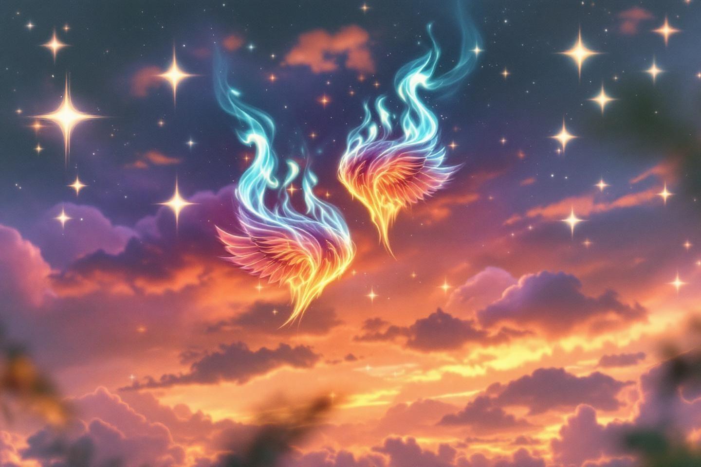 Ailes enflammées lumineuses dansant dans un ciel crépusculaire étoilé