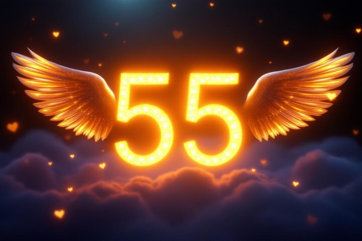 Nombre cinquante-cinq lumineux avec des ailes dorées sur fond nuageux