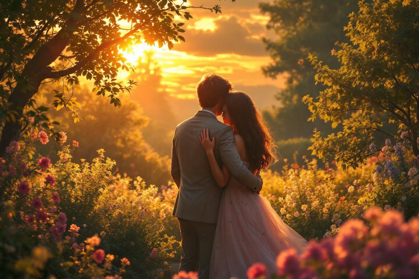 Couple enlacé dans un jardin fleuri au soleil couchant