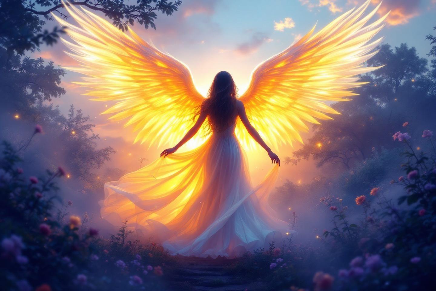 Figure ailée lumineuse dans un jardin mystique crépusculaire