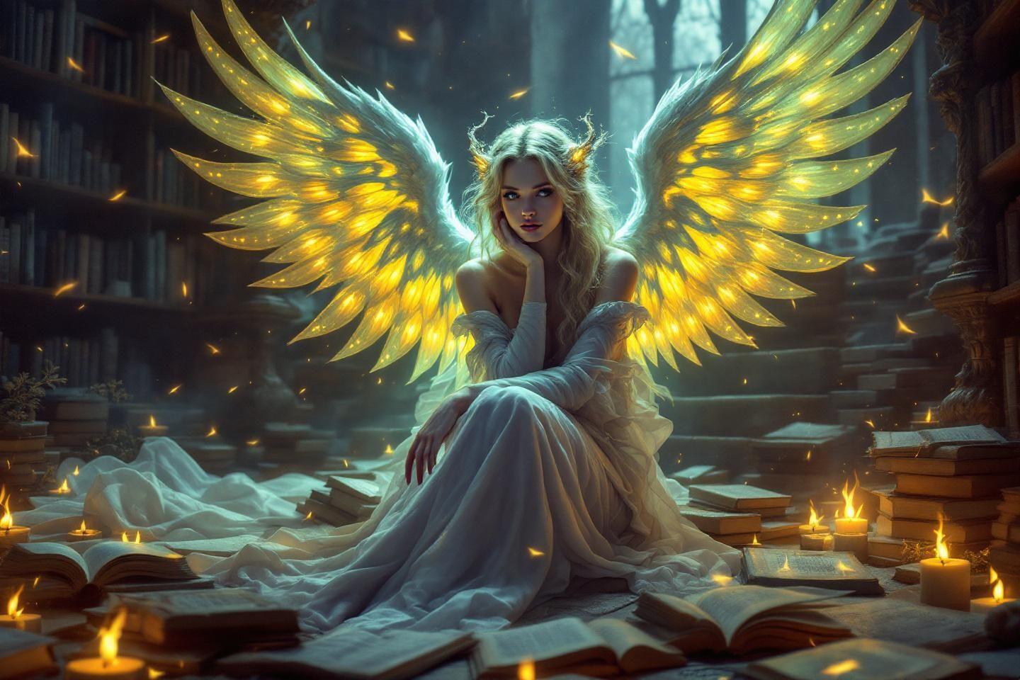 Ange ailé doré méditatif parmi des livres et des bougies