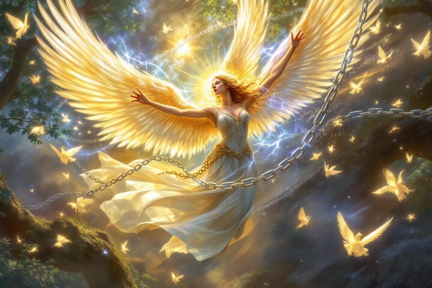 Ange doré à ailes déployées brisantdes chaînes spectrales