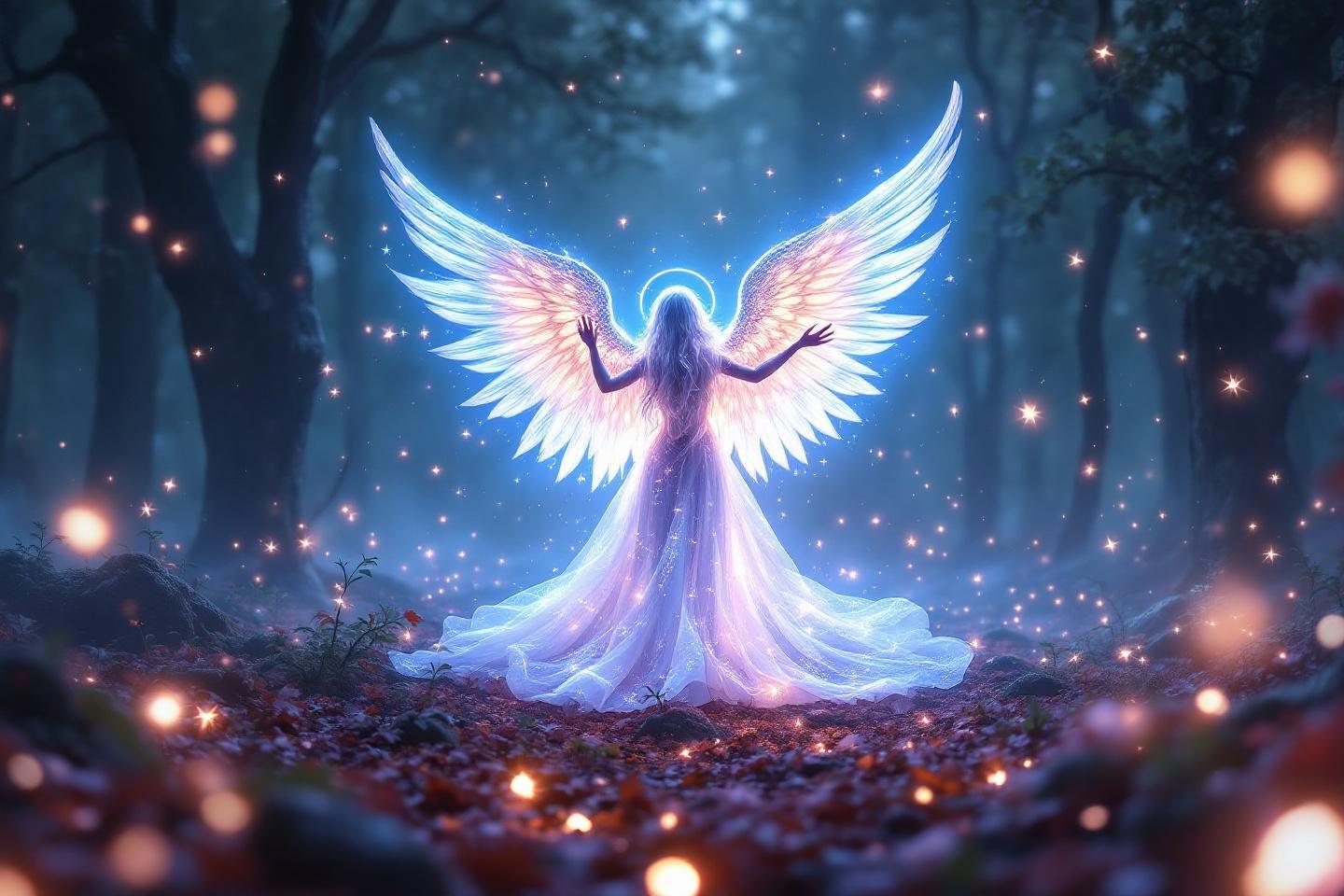 Silhouette angélique ailée lumineuse dans un bois scintillant