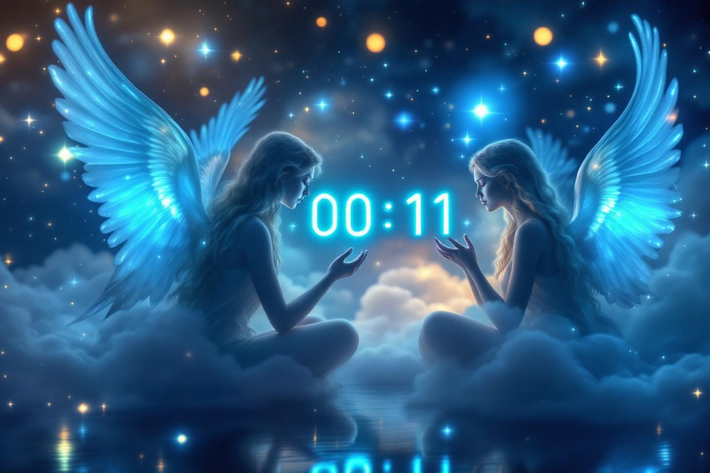 Deux anges ailes bleues face à face, horloge numérique 00:11