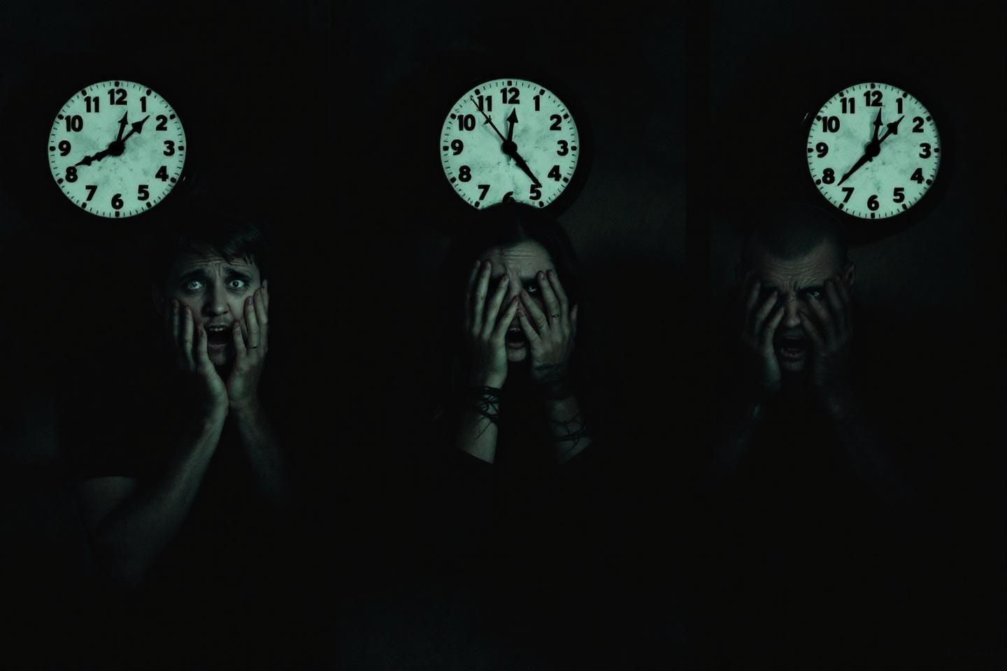 Trois figures sombres devant des horloges, mains sur le visage