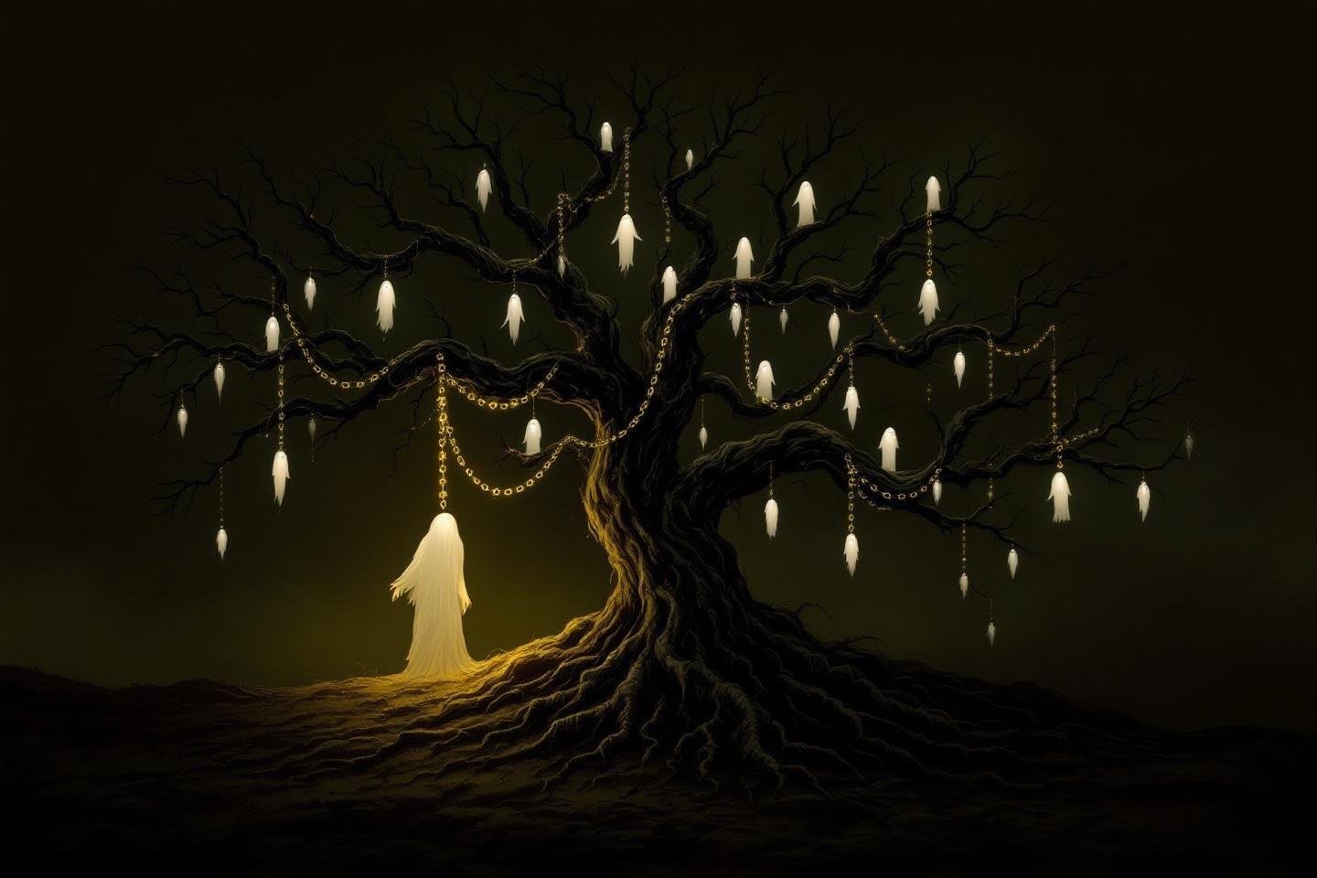 Fantôme blanc près d'un arbre sombre avec des bougies
