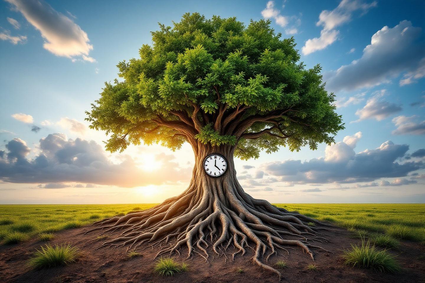 Grand arbre avec horloge, racines étendues, ciel coucher de soleil
