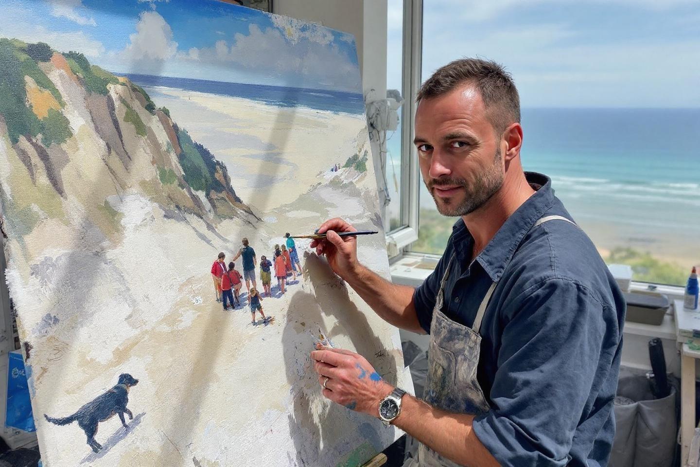 Peintre dans son atelier devant une toile de plage