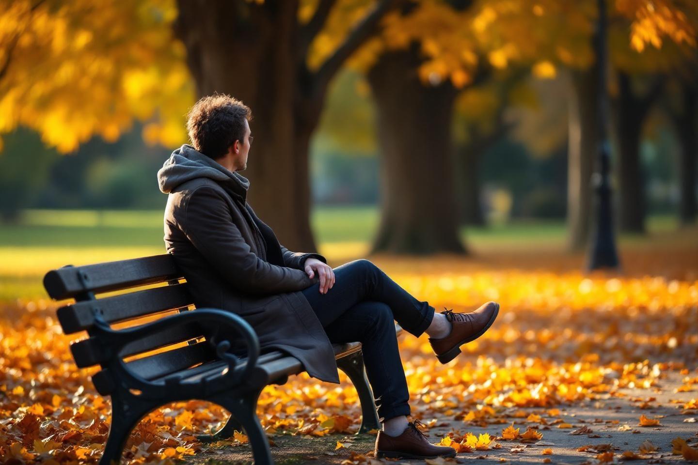 Personne assise sur un banc dans un parc aux feuilles d'or