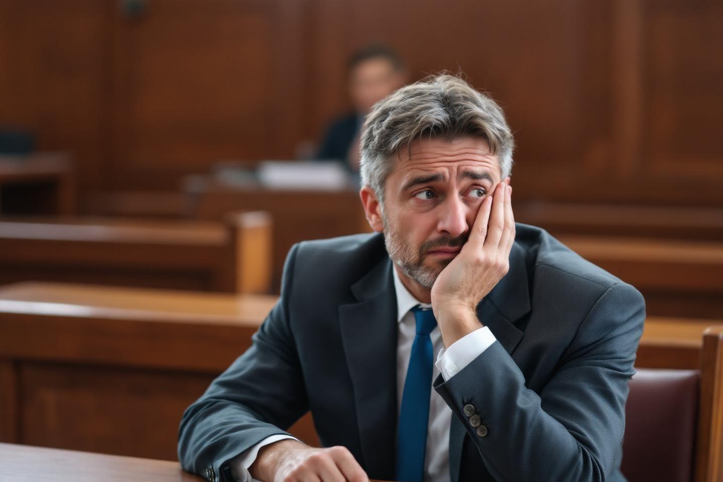 Homme en costume regardant anxieux dans une salle d'audience