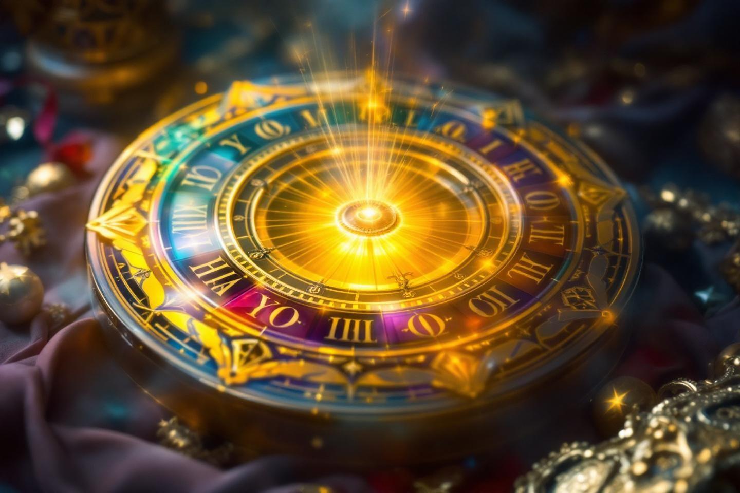 Horloge dorée aux symboles astrologiques brillant intensément