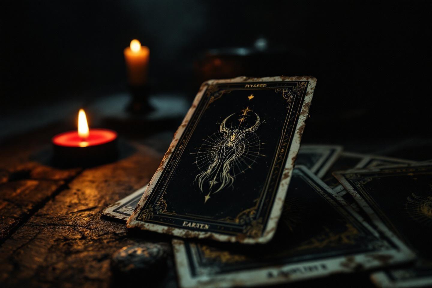 Carte de tarot sombre avec symbole étrange et bougies allumées