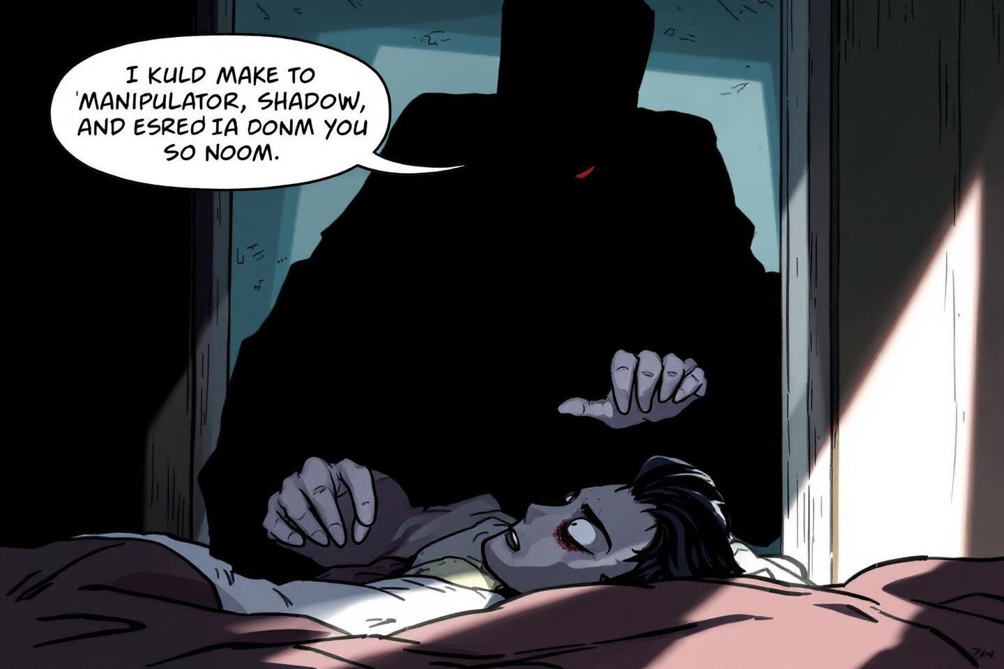 Silhouette menaçante surplombant un personnage endormi