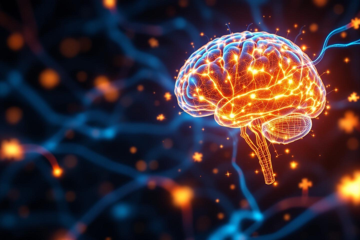 Cerveau lumineux avec réseau neuronal brillant dans l'obscurité