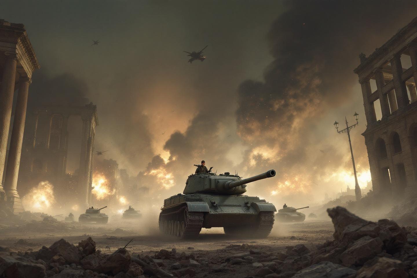 Chars militaires dans une ville détruite en feu