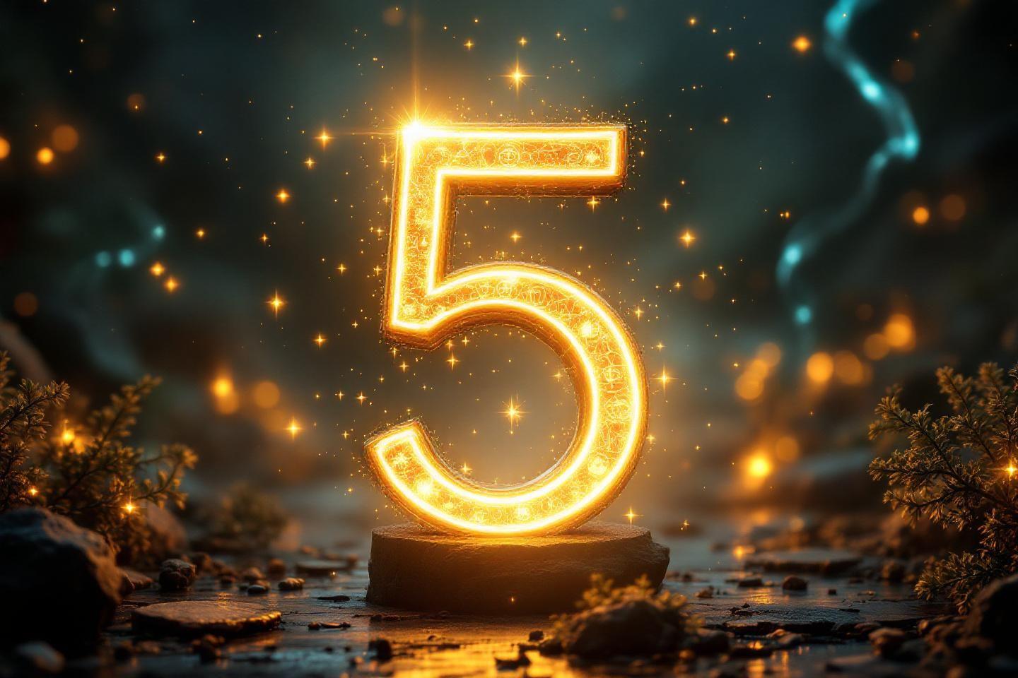 Nombre 5 doré brillant sur un socle dans un environnement mystérieux