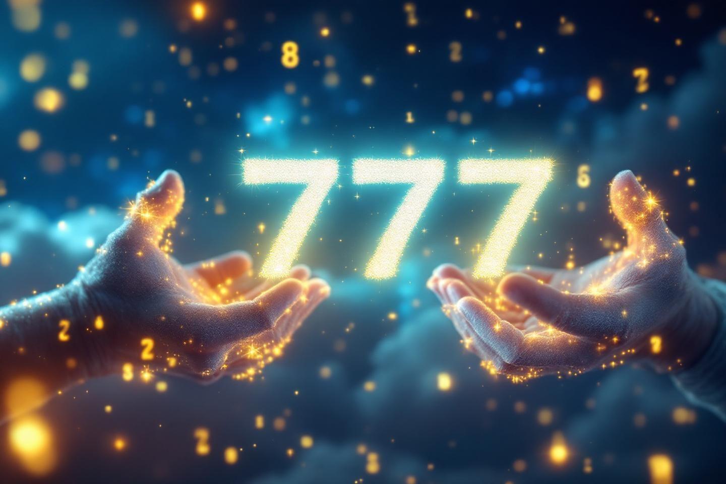 Mains spectrales projetant le numéro 777 étincelant