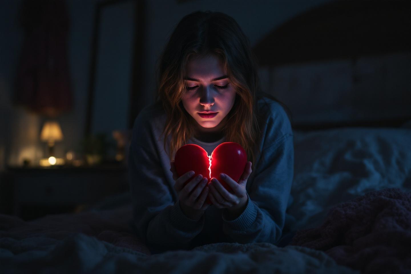 Une silhouette triste tenant un cœur rouge fendu dans l'obscurité
