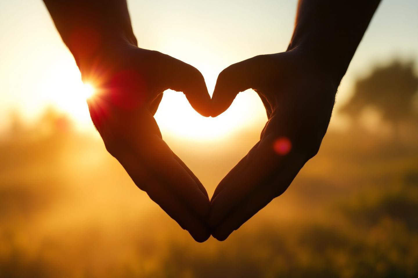 Silhouettes de mains formant un cœur avec le soleil