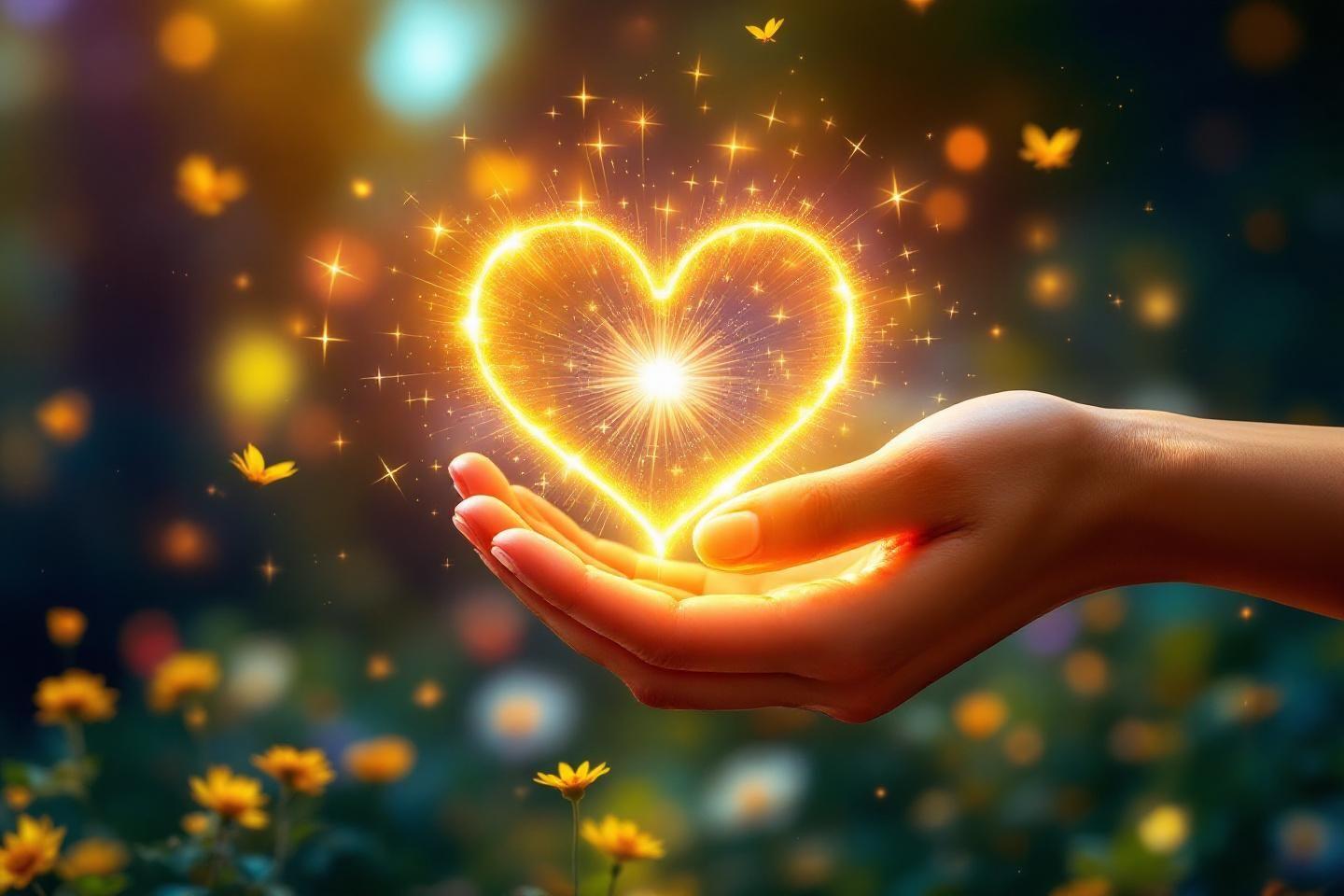 Main tenant un cœur doré brillant entouré de papillons