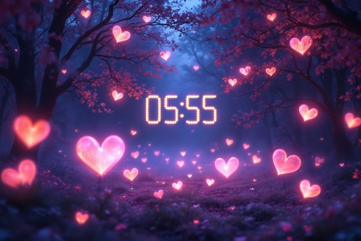 Horloge numérique parmi des cœurs roses et des arbres mystiques