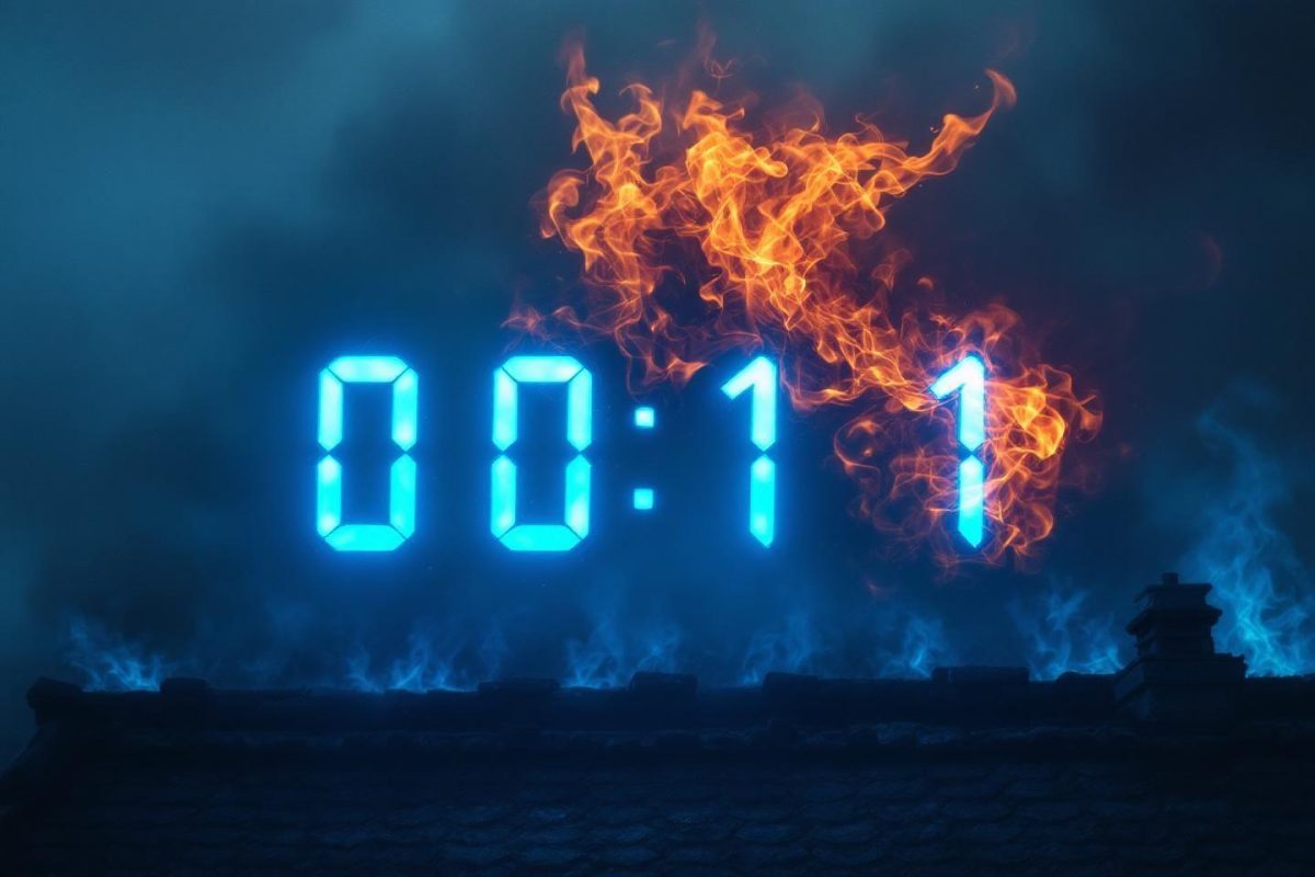 Horloge numérique avec flammes orangées sur fond bleu sombre