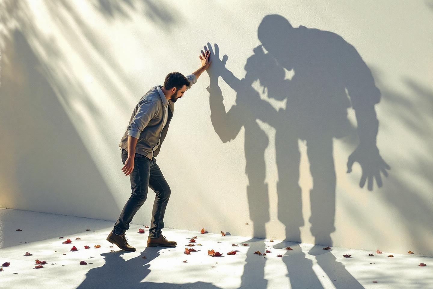 Silhouette défiant l'ombre menaçante sur un sol blanc