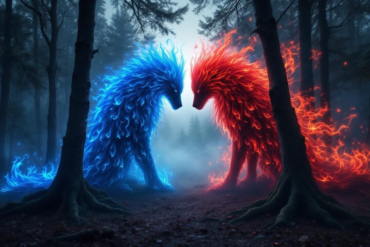 Deux créatures spectrales bleue et rouge face à face dans une forêt sombre