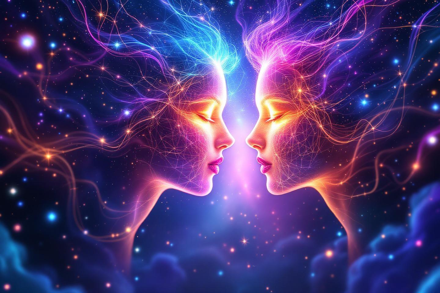 Deux profils lumineux s'entremêlant dans un univers étoilé