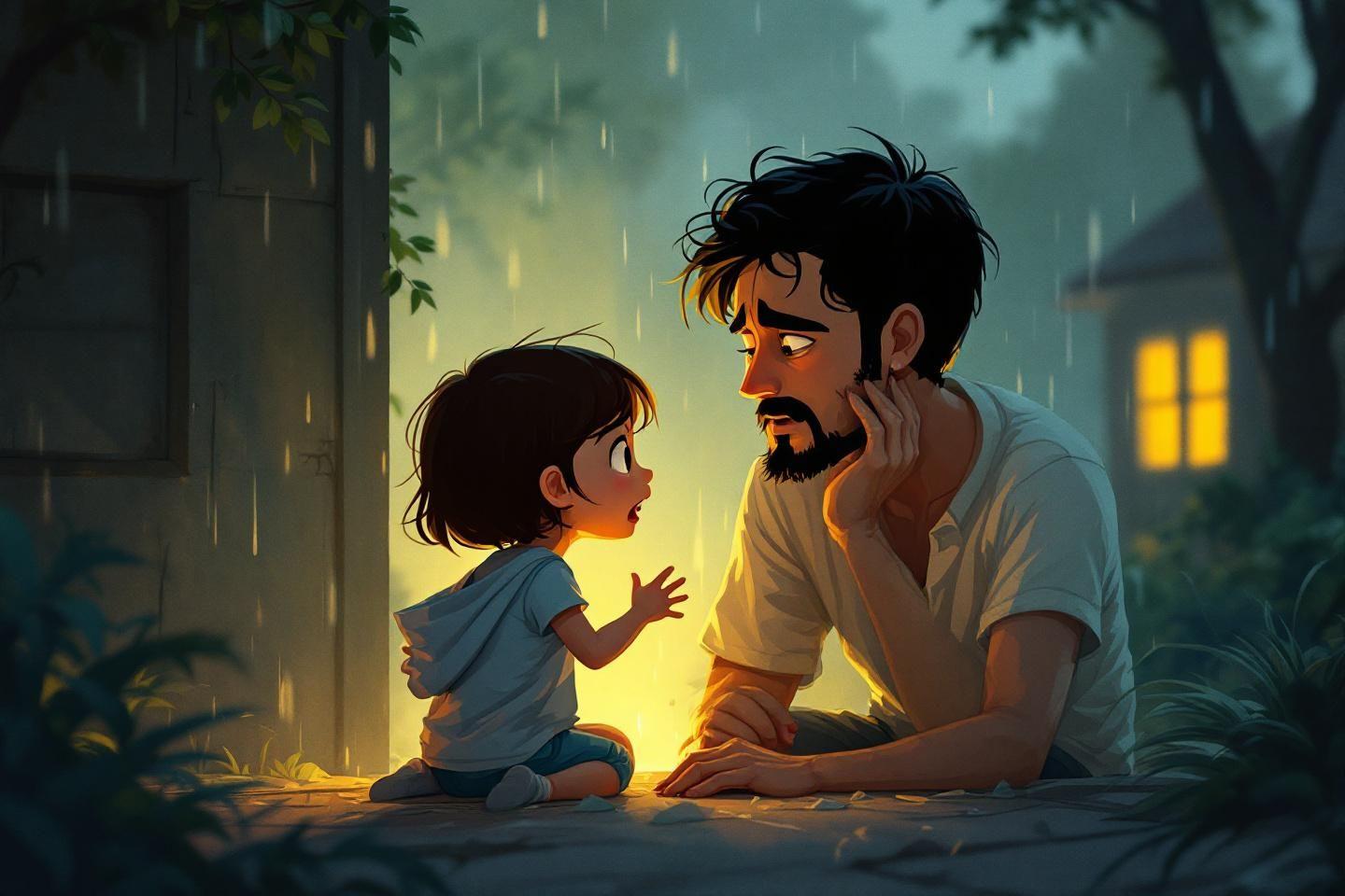 Père et enfant ensemble à la lumière douce pendant la pluie