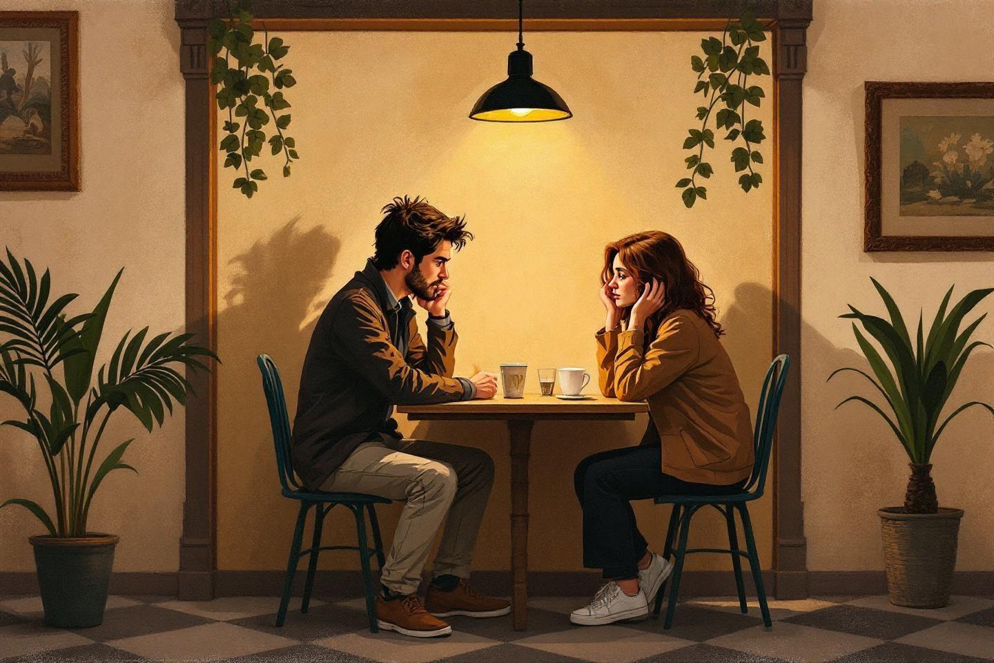 Deux personnes assises à table, atmosphère sérieuse, lumière jaune