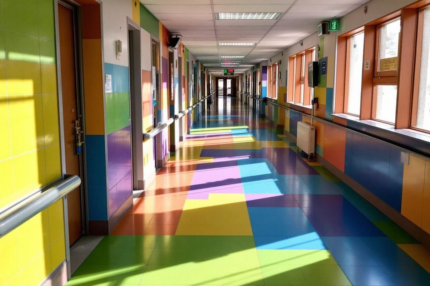 Couloir scolaire aux murs et sol multicolores, baigné de lumière