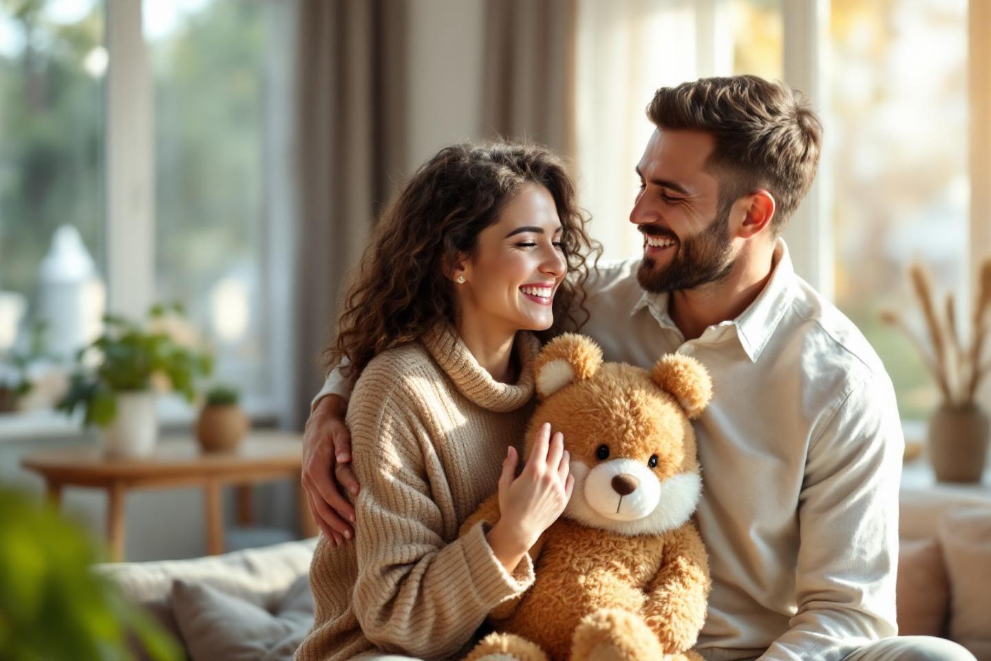 Deux personnes souriantes enlacées avec un ours en peluche