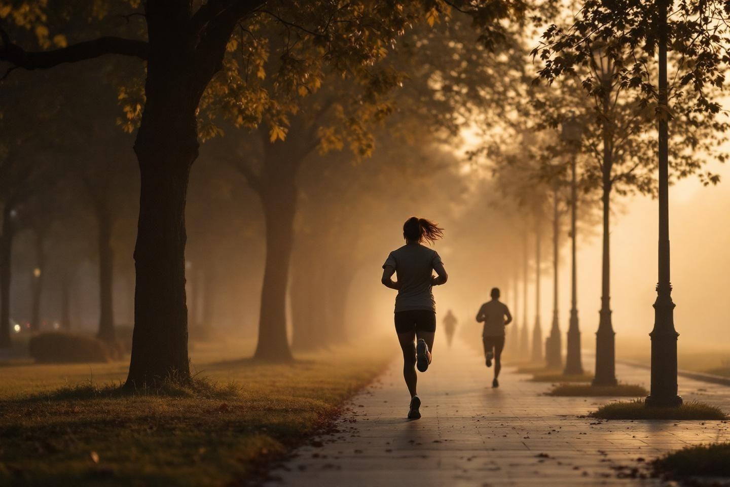 Silhouettes de coureurs sur un chemin brumeux à l'aube