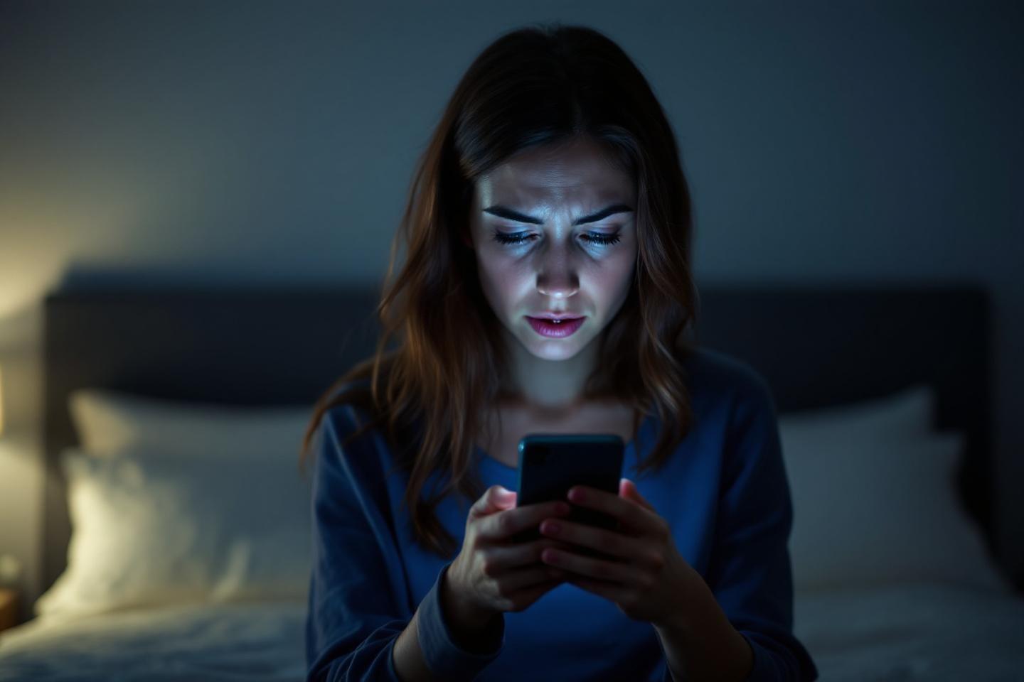 Femme concentrée sur son smartphone dans une chambre sombre