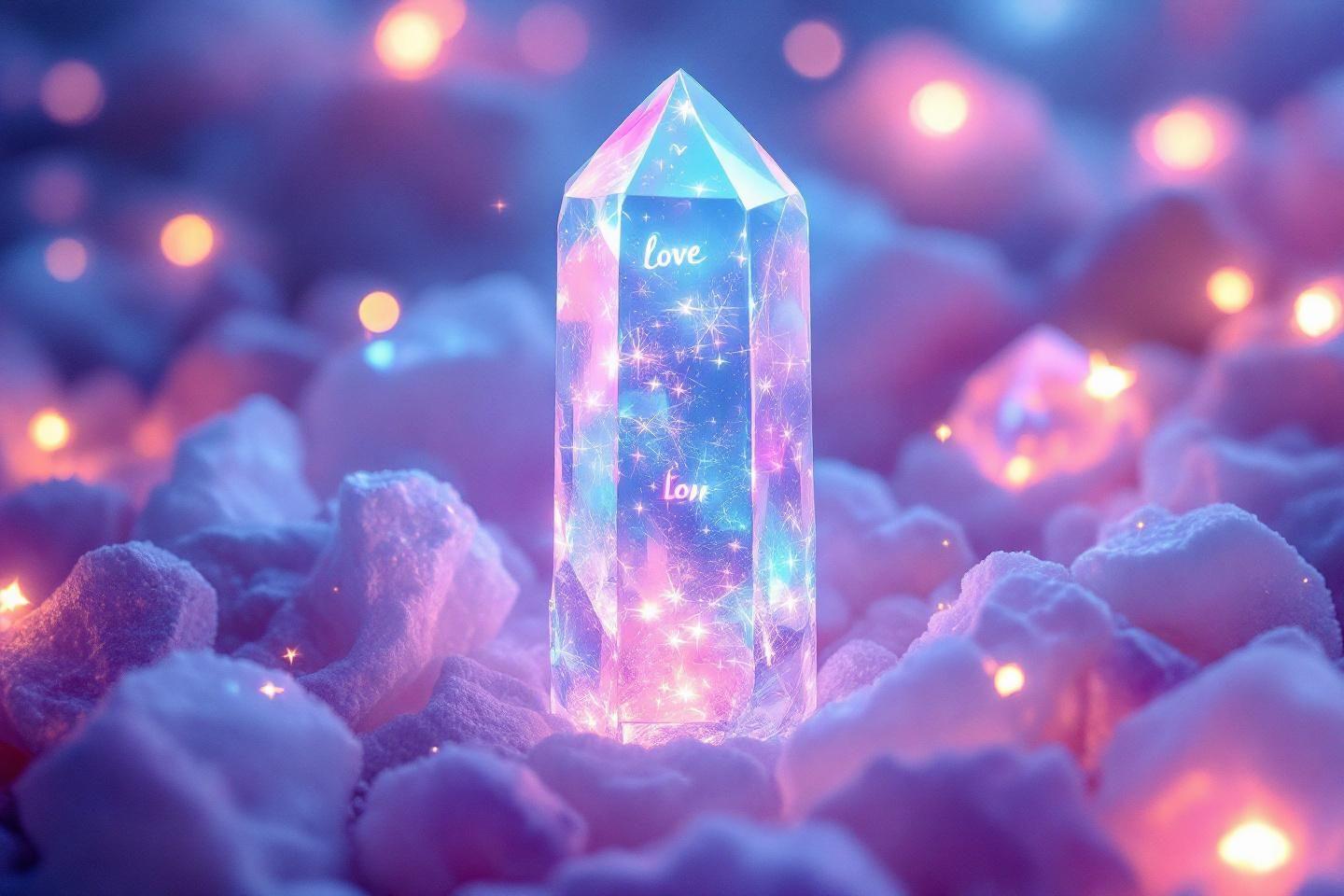 Cristal lumineux avec des mots d'amour entouré de nuages