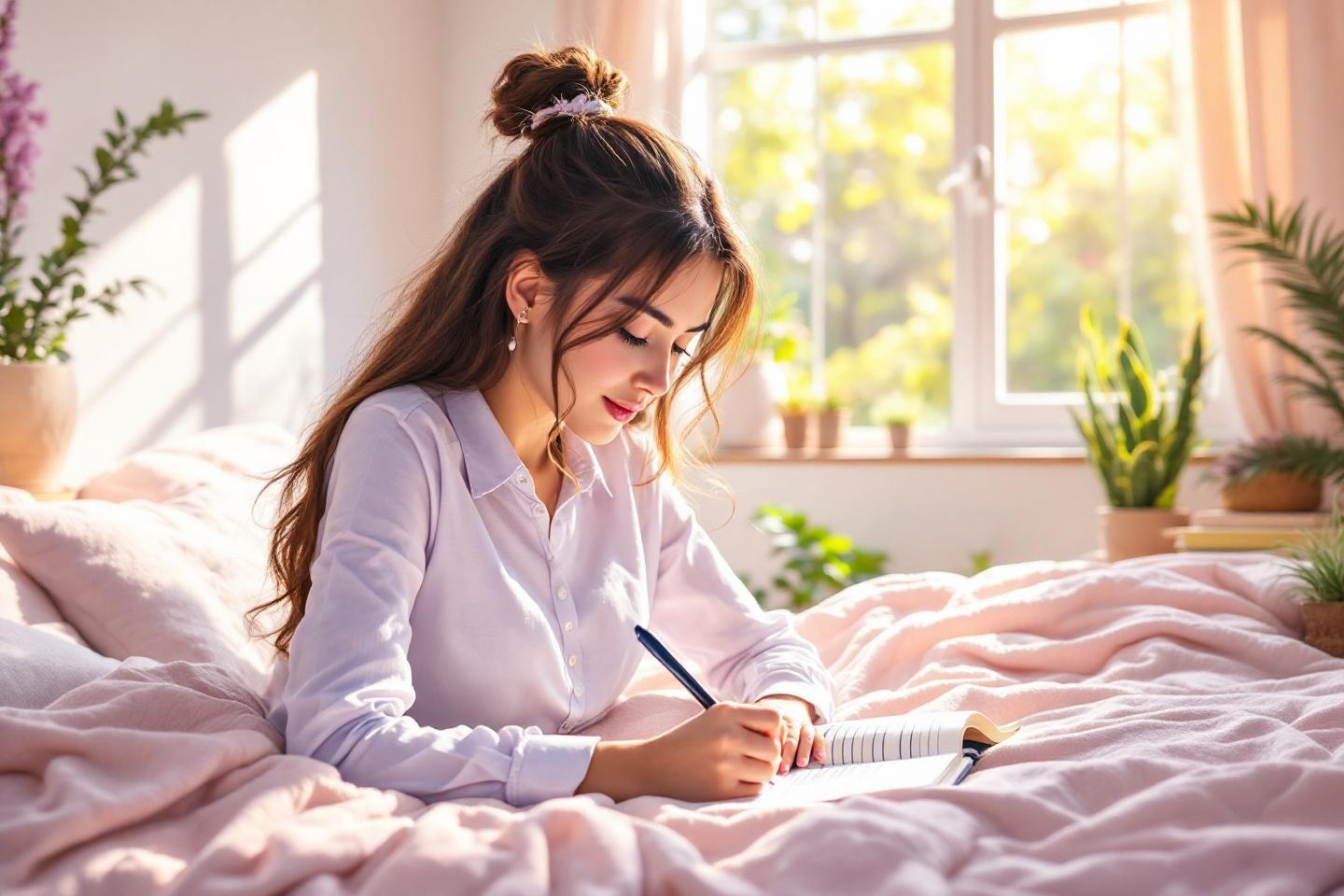 Femme écrivant dans un journal près d'une fenêtre ensoleillée