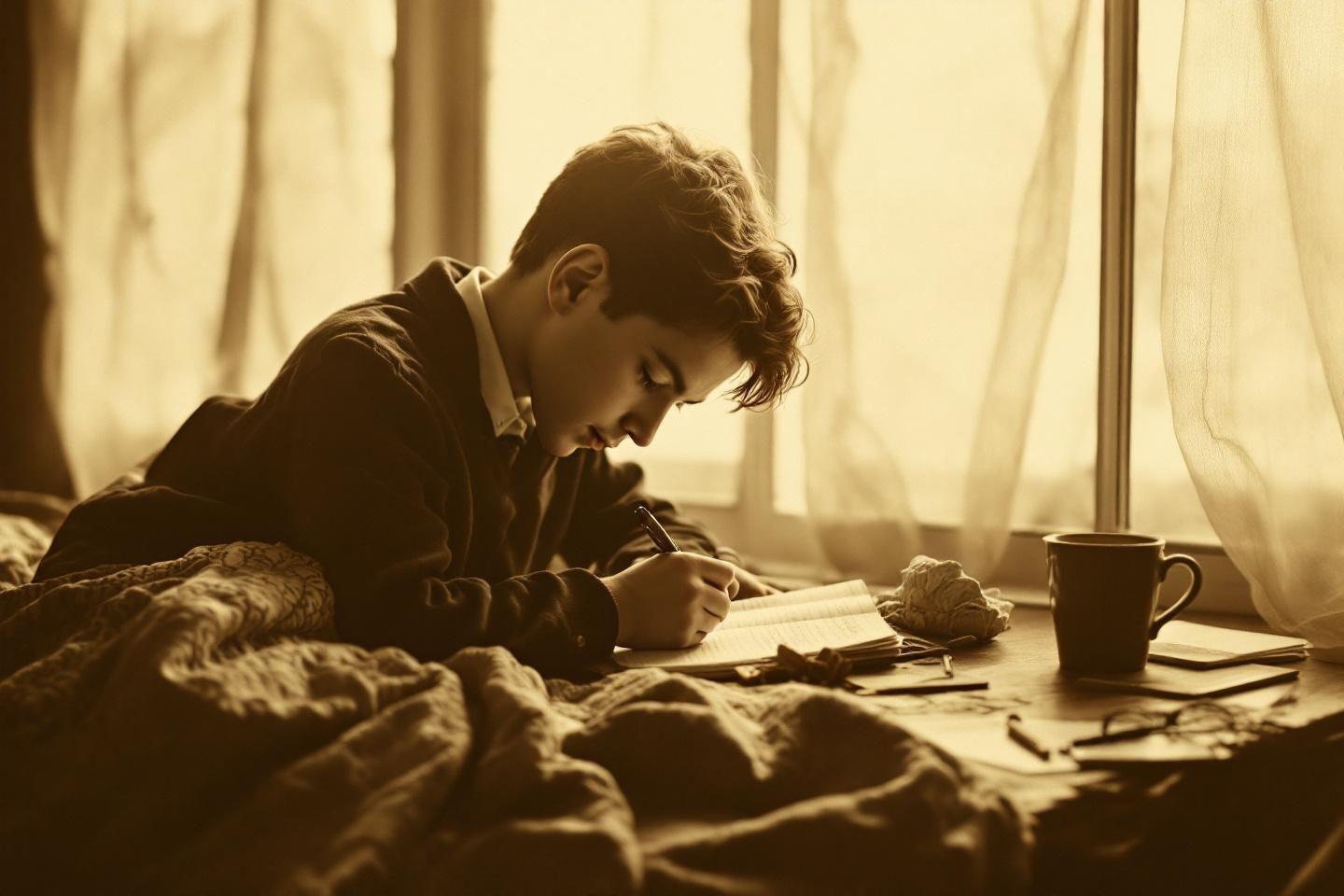 Jeune personne écrivant attentivement dans un livre près des rideaux