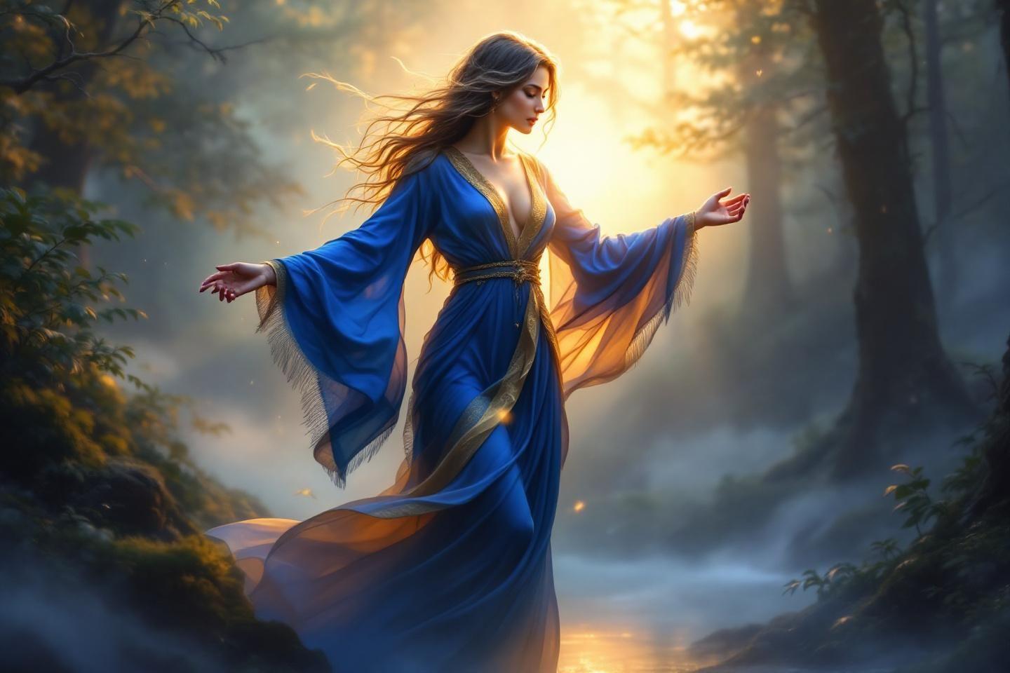 Femme en robe bleue dans une forêt magique au coucher du soleil