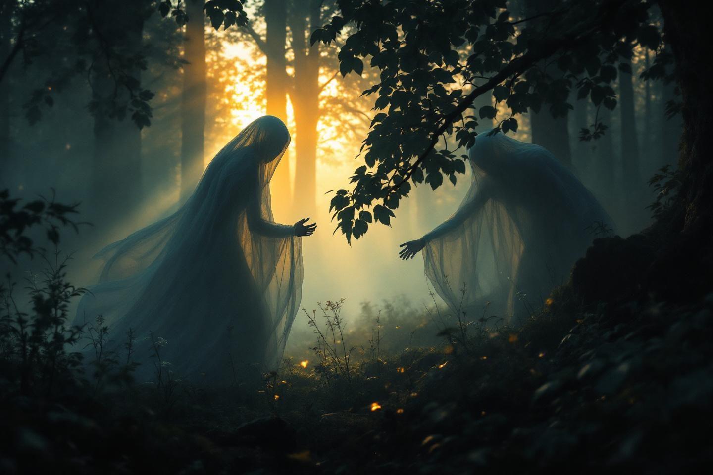 Deux silhouettes spectrales dansent dans une forêt brumeuse et lumineuse