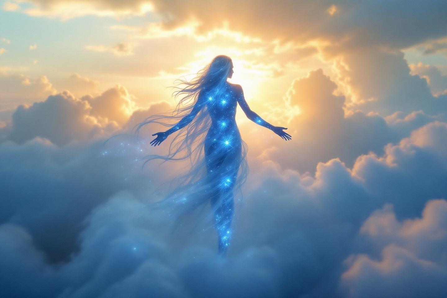 Silhouette féminine bleue brillante flottant parmi des nuages dorés