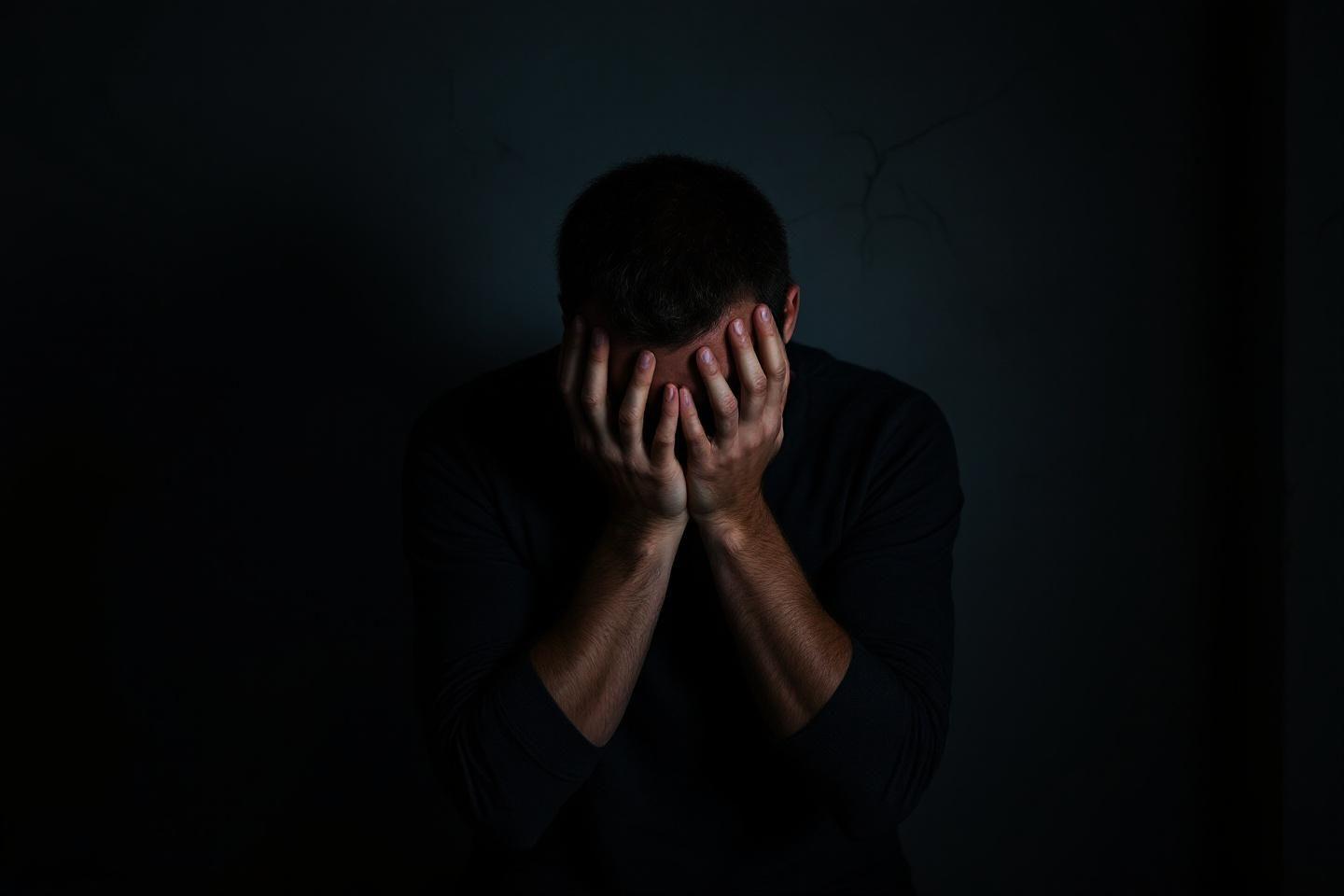 Silhouette sombre couvrant son visage, exprimant une grande tristesse