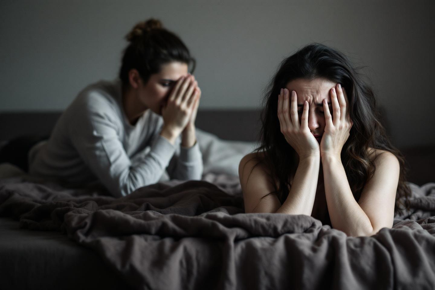 Deux personnes abattues, visage caché, assis sur un lit